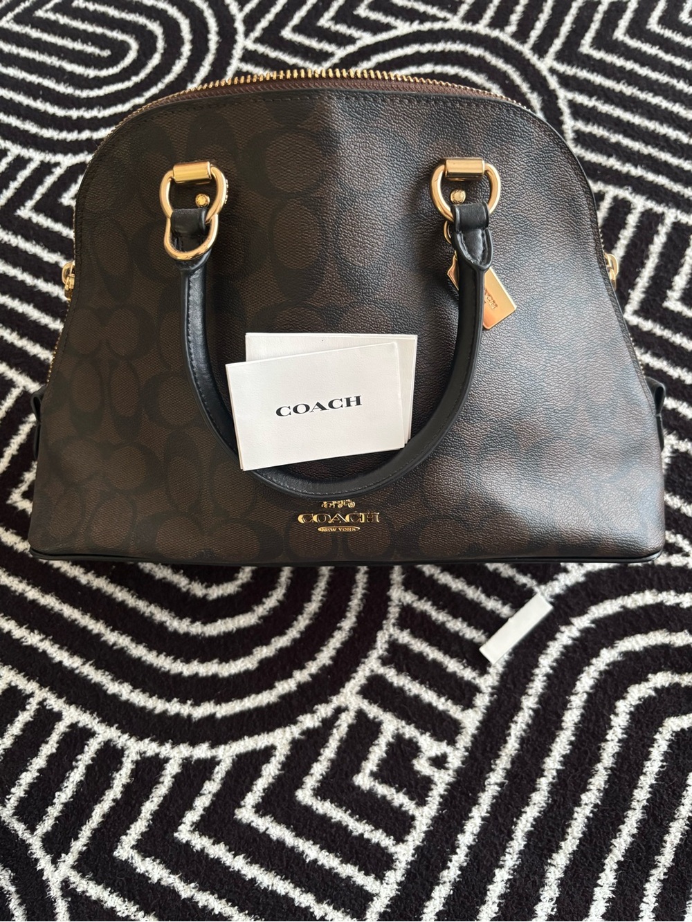 COACH Brown Signature Dome Satchel with Black Handles
